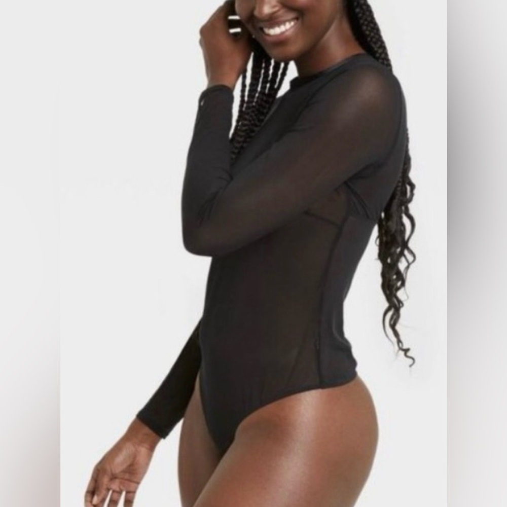 NTM: Auden Black Sheer Long Sleeve Thong Back Pullover Style Bodysuit Sz Medium - Picture 15 of 16